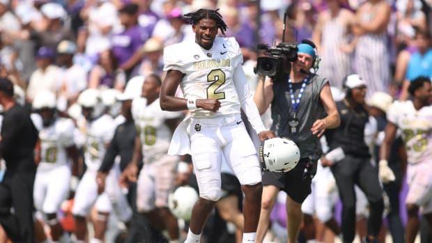 Colorado Buffaloes quarterback Shedeur Sanders (2) celebrates after winning the game against the TCU Horned Frogs at Amon G. Carter Stadium